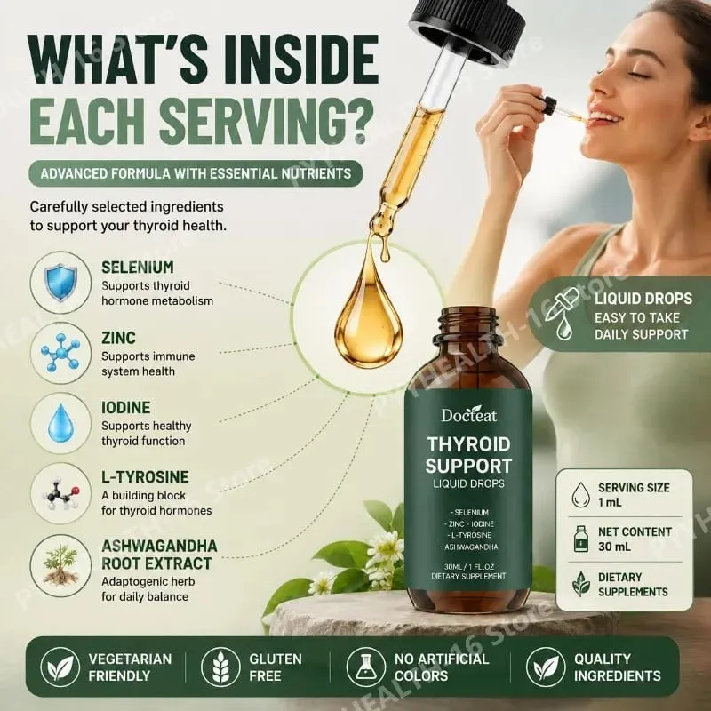 Gotas líquidas de suporte para tireoide com selênio, zinco, iodo, L-tirosina e Ashwagandha para a saúde da tireoide e suporte diário vegano 30ml