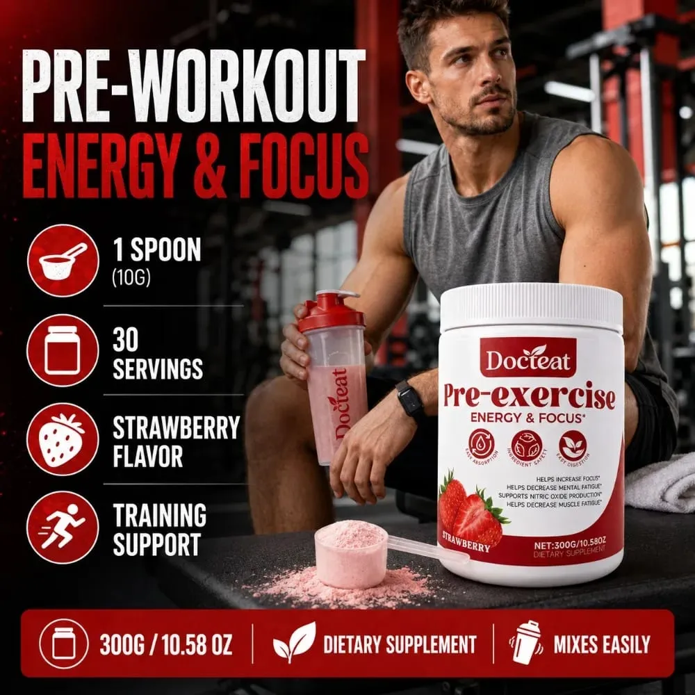 Docteat Pre Workout Powder Strawberry Energy & Focus Support Beta-Alanine L-Citrulline Rhodiola 300g 30 Servings Drink Mix