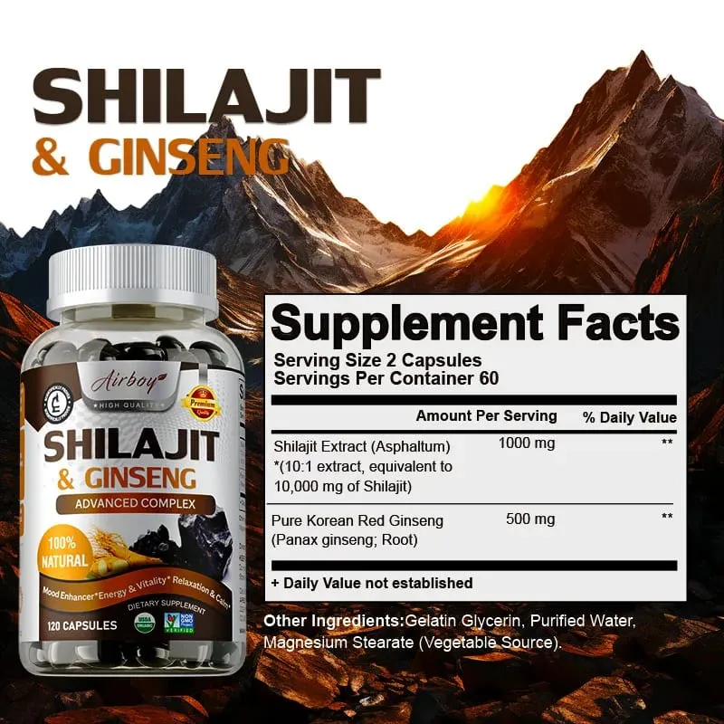 Shilajit e Ginseng - Suporte de energia e vitalidade, melhora a clareza mental, suporte imunológico, aumenta a resistência, crescimento muscular