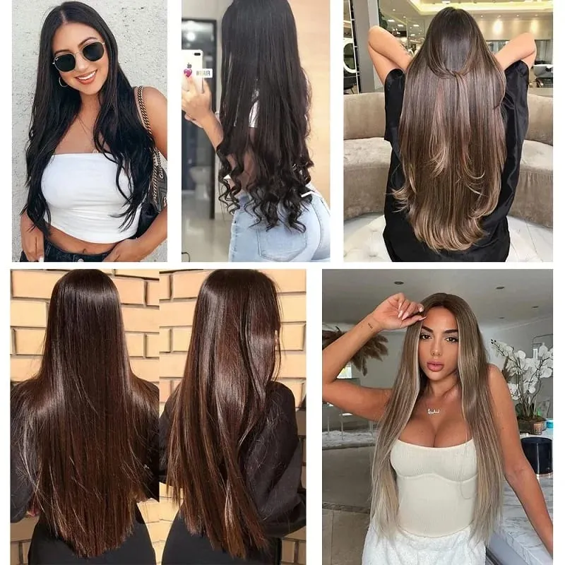 Extensões de cabelo invisíveis sintéticas de 5 clipes de uma peça longa e reta 24 polegadas resistente ao calor para mulheres
