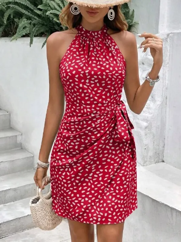 Minivestidos de bolinhas de cor sólida, camisola feminina sem mangas, vestido de renda, férias de verão, vestido de festa, robe