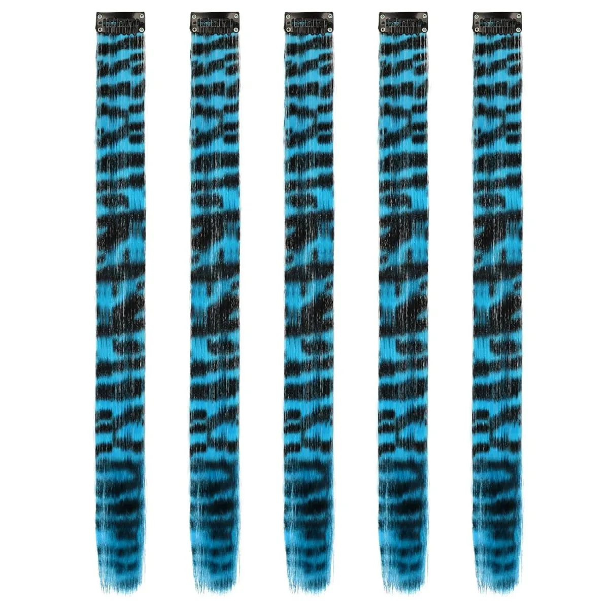 Leopard Printed Clip in Hair Extensions -5 PCS Blue Long Synthetic Straight Clip in Hair Extensions Stripe Printed Hairpiece