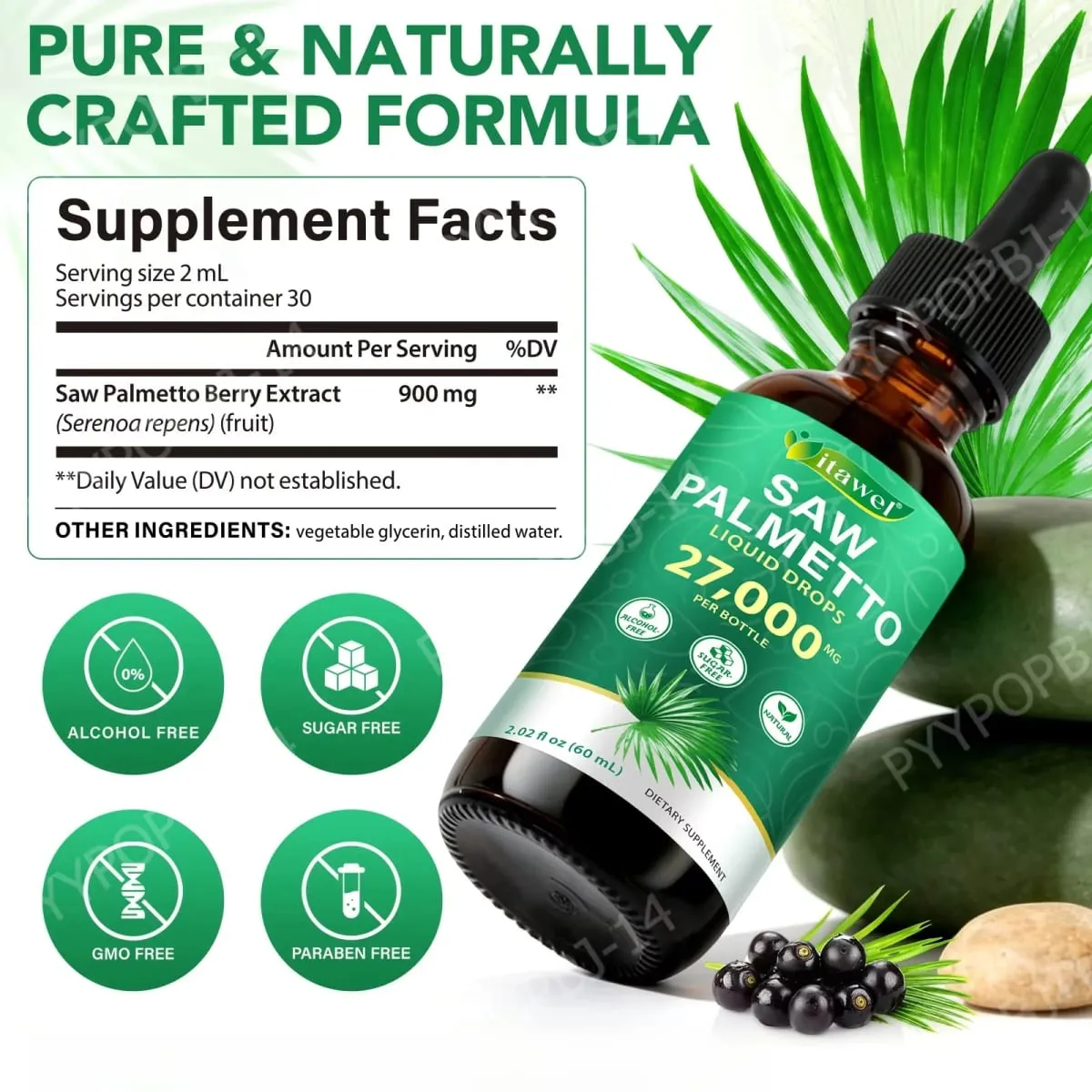 Itawel Saw Palmetto Gotas Líquidas Suporte à Saúde da Próstata Função Urinária Suporte OGM Livre de Parabenos Livre de Açúcar Vegan 60 ML