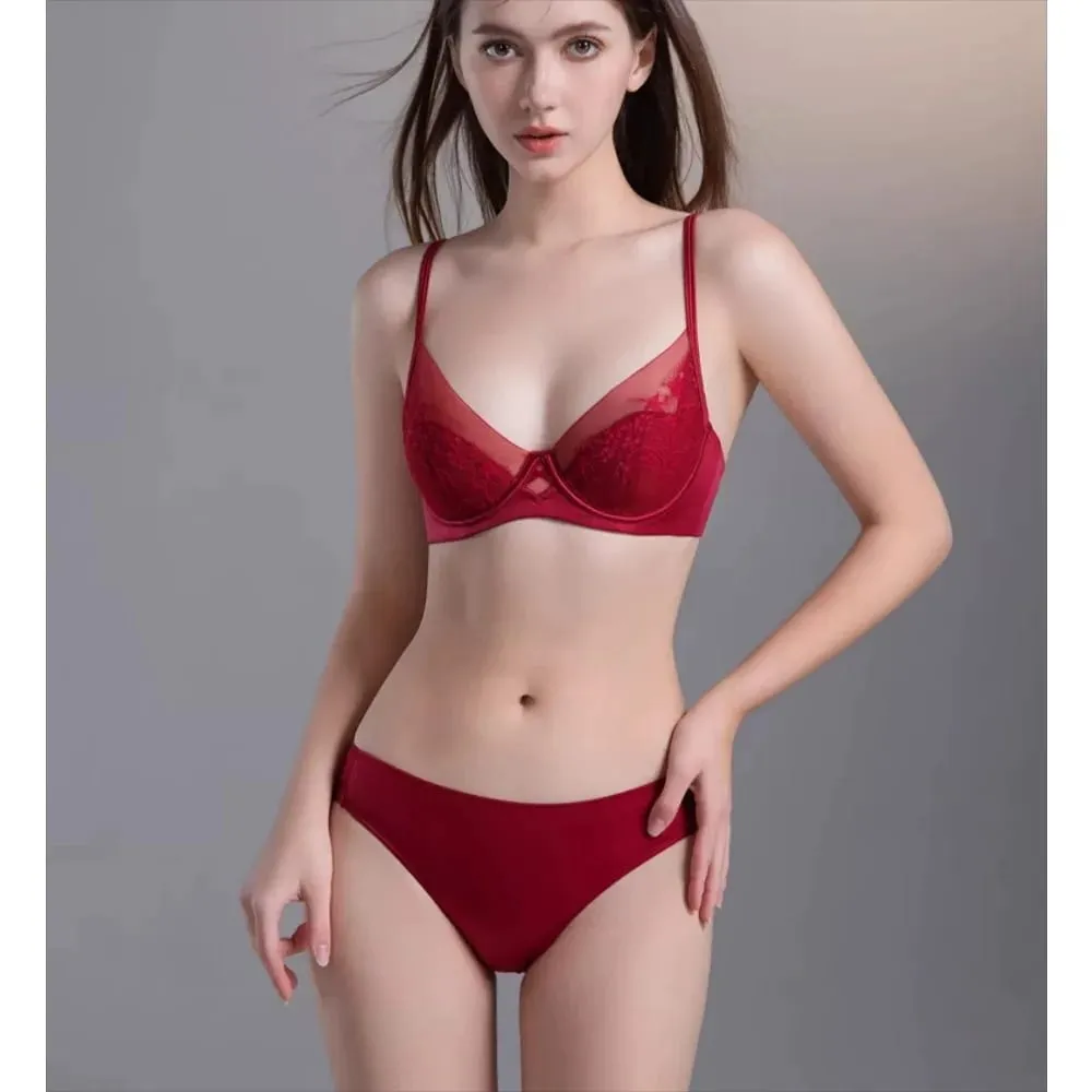 Kit íntimo de renda vermelha festiva de noiva com arame macio, copo fino, conjunto de lingerie de suporte para busto pequeno 32-38, roupa íntima feminina