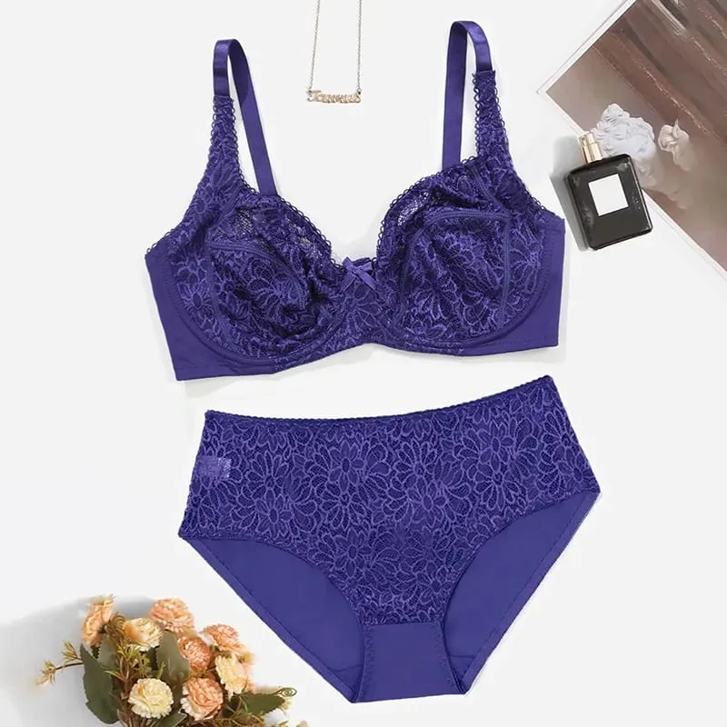 Female Big Size Lace Lingerie Set Bra with Wire Unlined Thin Breathable Bra and Panties Set 85C-110E