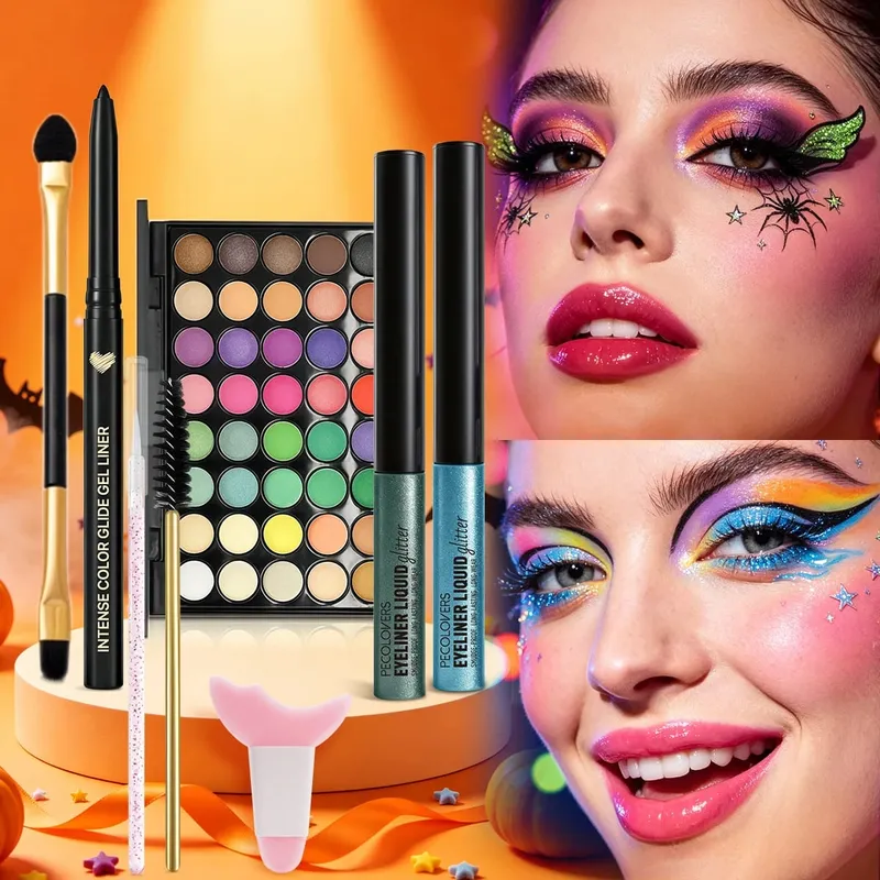 8 pçs/set halloween carnaval maquiagem dos olhos cor brilhante paleta de sombra brilho líquido delineador sobrancelha caneta pincéis de olho