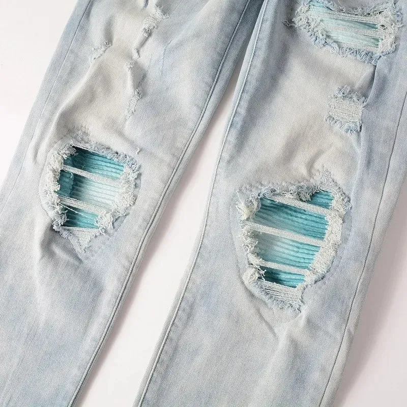 Buraco lápis calças masculinas lavado angustiado retalhos jeans cintura baixa 2024 vintage básico tornozelo comprimento calças jeans magros