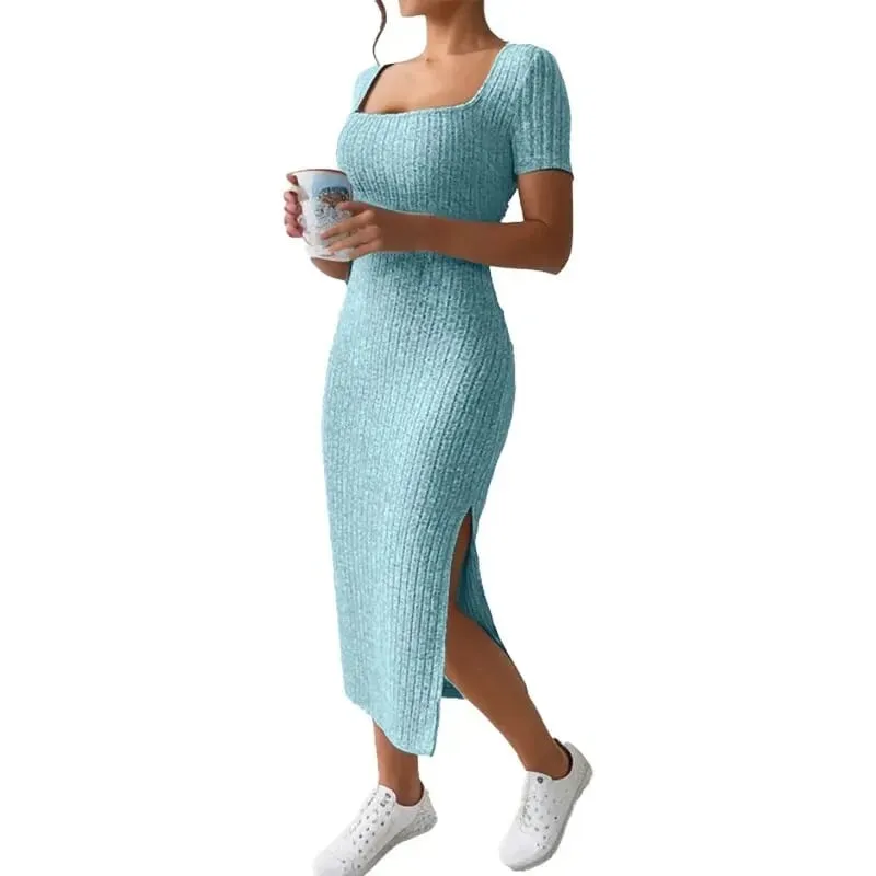Verão pescoço quadrado hip-abraçando saia de comprimento médio de manga curta versátil vestido de malha com fenda