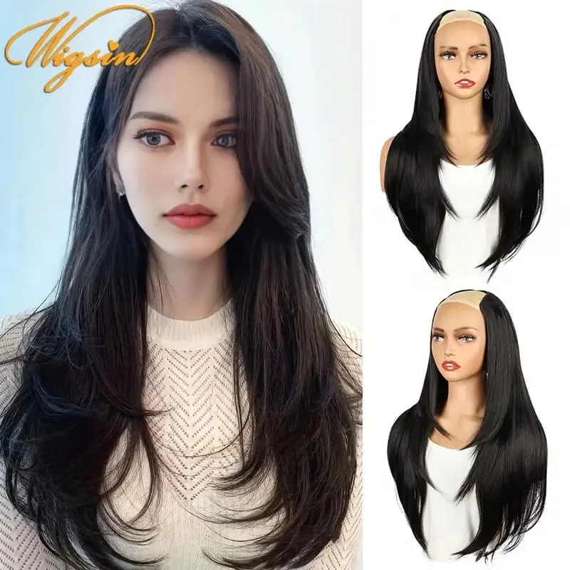 Synthetic 55cm V-shaped Layered 4 Clips Long Straight Hair Extension Natural Invisible Hairpiece Wig for Women