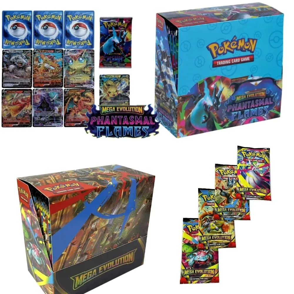 Cartão pokémon divertido 40-360 segundos, mega evolução, chamas fantasmas, reforço inglês, cartão de batalha, fãs de anime, brinquedo de presente de aniversário para crianças — image 1