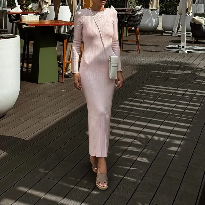 Women Spring Autumn Solid Color Bodycon Knit Dress Long Sleeve Crew Neck Ribbed Dress Slim Fit Long Dress