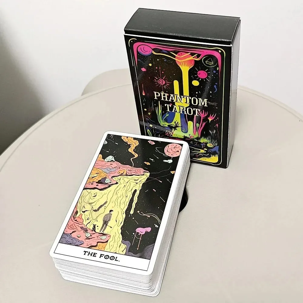 Conjunto completo de tarô phantom com 78 cartas de jogo de tabuleiro personalizadas estilo arte neon, adivinhação para festa e entretenimento