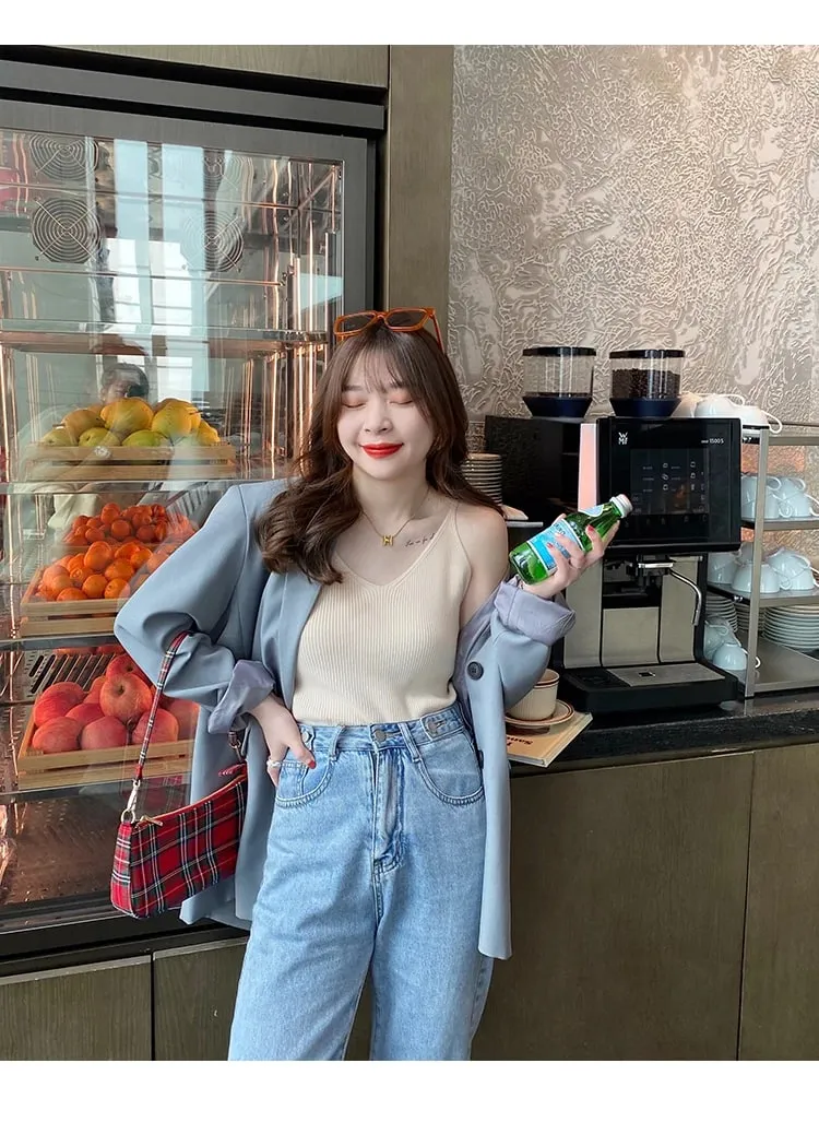 Coreia do verão topos novo sólido com decote em v elástico de malha suspender camis tanques roupas básicas camisa feminina