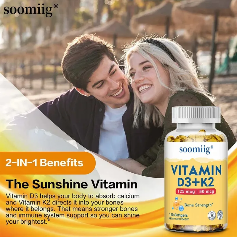 Cápsulas de vitamina D3 + K2 5000IU 120pcs Suplemento vegano de suporte ósseo e imunológico para precisão óssea e saúde geral