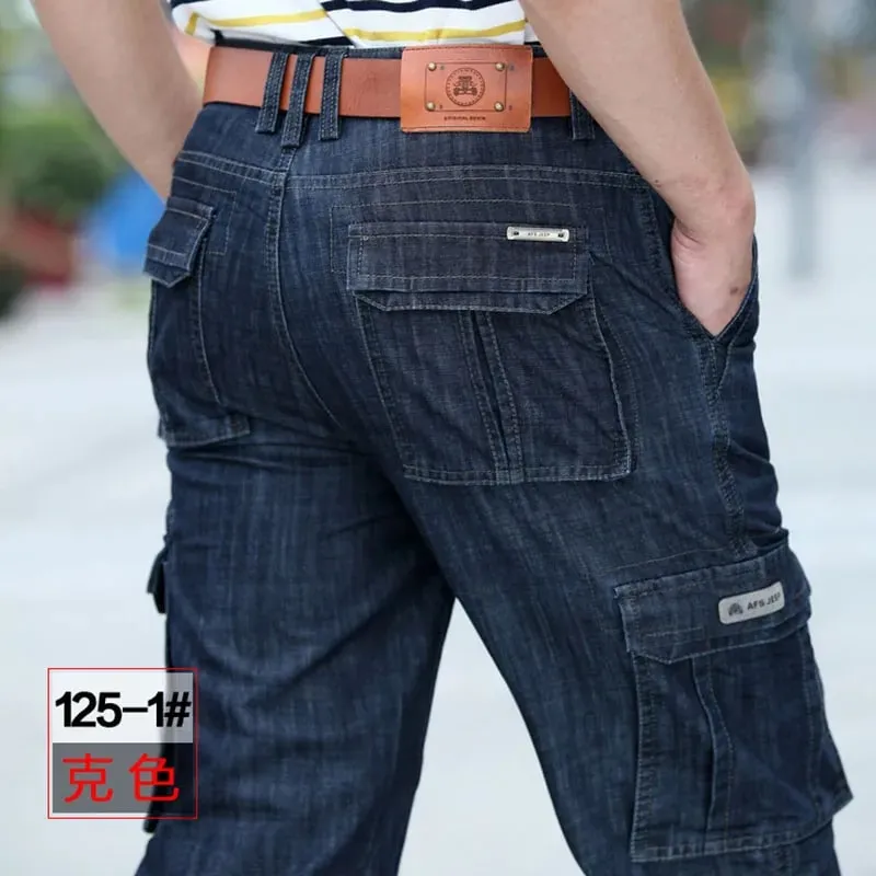 Calças de brim masculinas de alta qualidade multi bolso denim calças de carga calças casuais de grandes dimensões roupas masculinas calças soltas 29-44