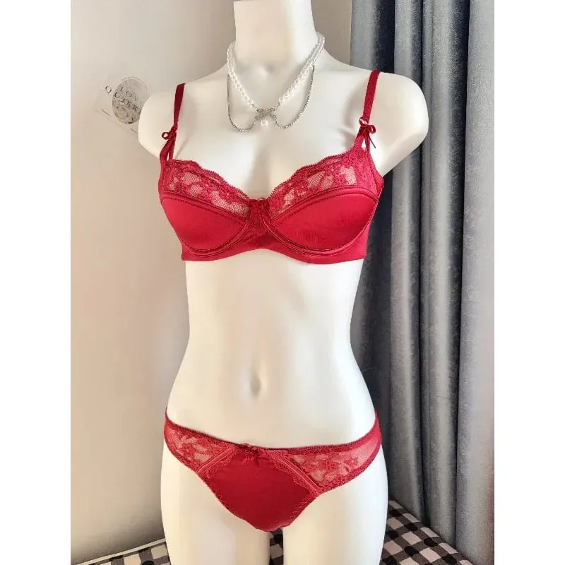 Conjunto de sutiã minimizador de renda vermelha, popular, meia xícara, ultra fino, busto grande, suporte macio, festa de noiva, lua de mel, noite, 32-38