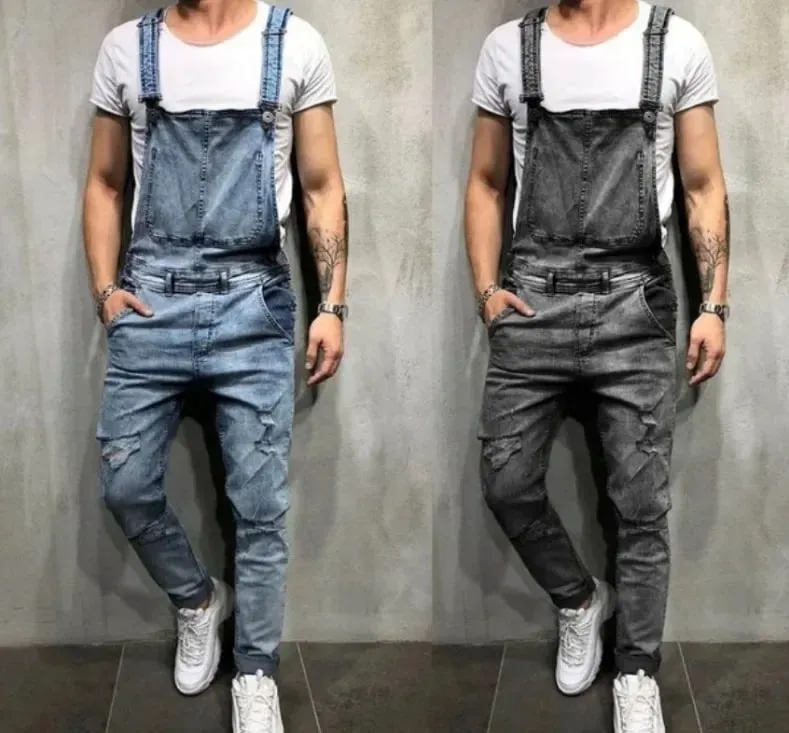 Men Jeans Jumpsuits Denim Overalls Distressed Pockets One Piece Pencil Pants Solid Washed Ankle Length Safari Style Spliced
