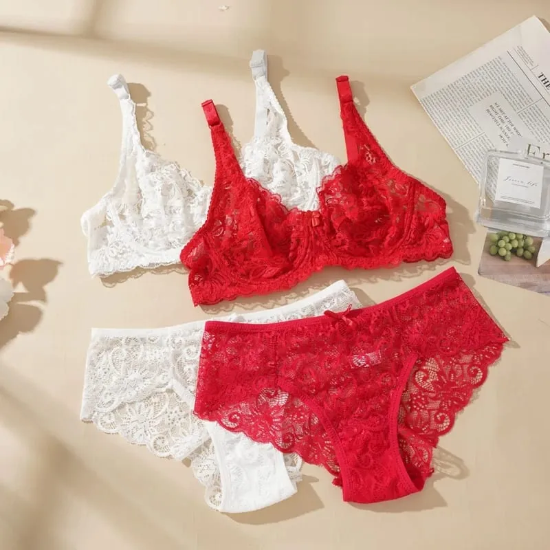 Feminino sexy renda fina sutiãs terno não-pad requintado push-up sutiã sólido respirável underwire g-string calcinha conjunto