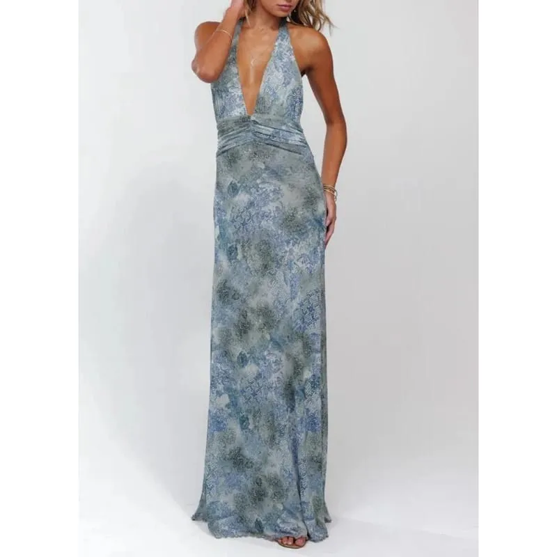 Combhasaki Mulheres Verão Sem Mangas Tie-up Halter Decote Em V Profundo Backless Flor/Pontos Estampado Plissado Hem Malha Ruched Vestido Longo Linha A