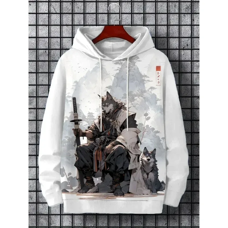 3d impresso ondas macarrão moletom com capuz para homens legal lobo padrão manga longa topos moletom casual harajuku pulôver solto hoodies