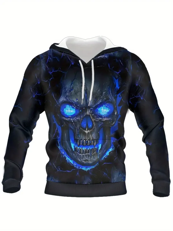 3D Printed Skull and Rose Sweatshirts Drawstring Sportwear Long Sleeved Tops Men's Hooded Hoodies Street Graphic Men's Clothing