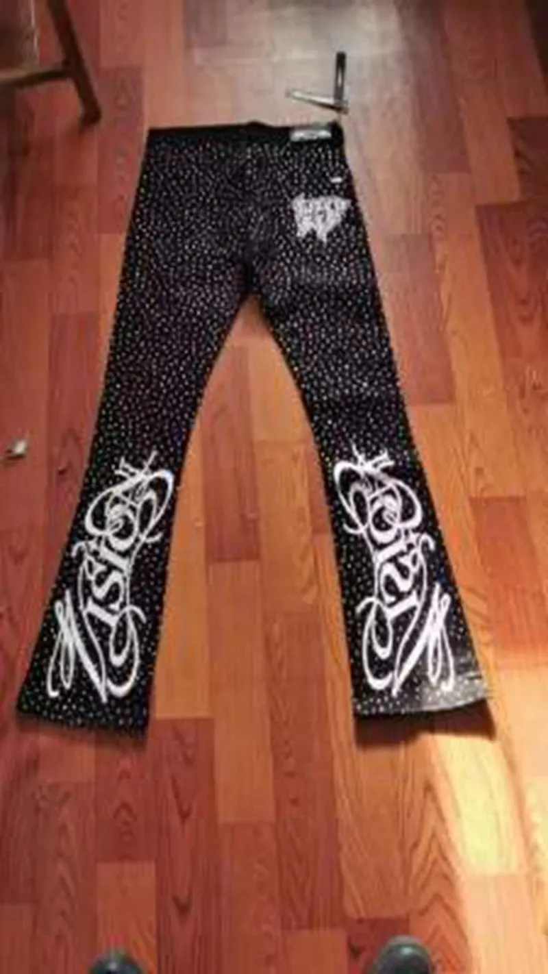 Punk chama streetwear sólido casual calças jeans palco dança strass impressão lavado preto baggy jeans hiphop casual denim pa