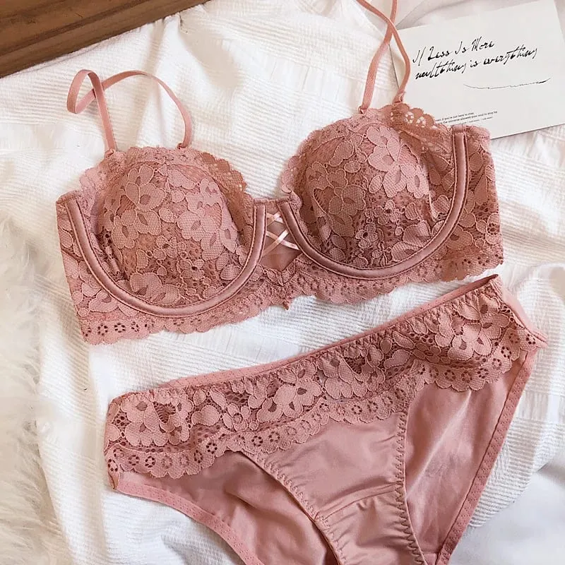 Meia xícara push up sutiã de renda calcinha conjunto roupa interior orelhas de coelho fino forrado alças removíveis antiderrapante ampliar suporte lateral lingerie sexy