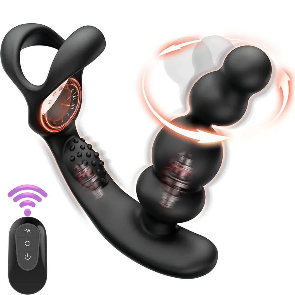 Massageador de próstata de contas anais rotativas de 360 ° com controle remoto de anel peniano vibratório - Brinquedo adulto para homens — image 1