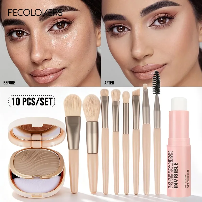 Kit de maquiagem base multifuncional, 10 peças, minimizador de poros, primer, pó fosco e 8 peças, conjunto de pincéis de maquiagem profissional