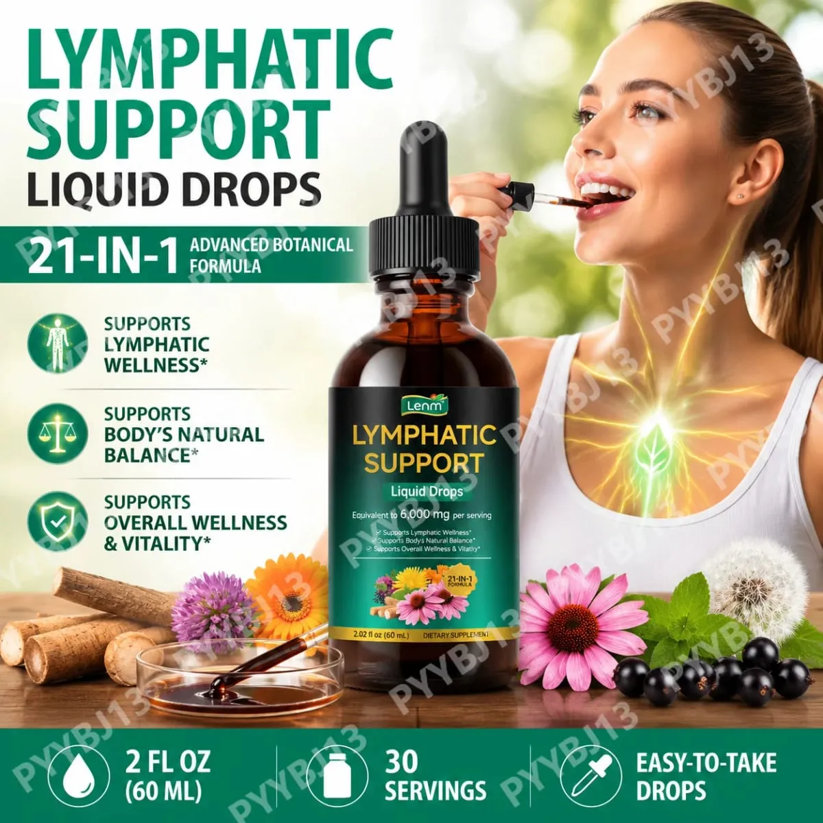 Lenm 60ml sistema linfático limpa suplementos líquidos de suporte imunológico gotas de ervas linfáticas orgânicas naturais para suporte de equilíbrio