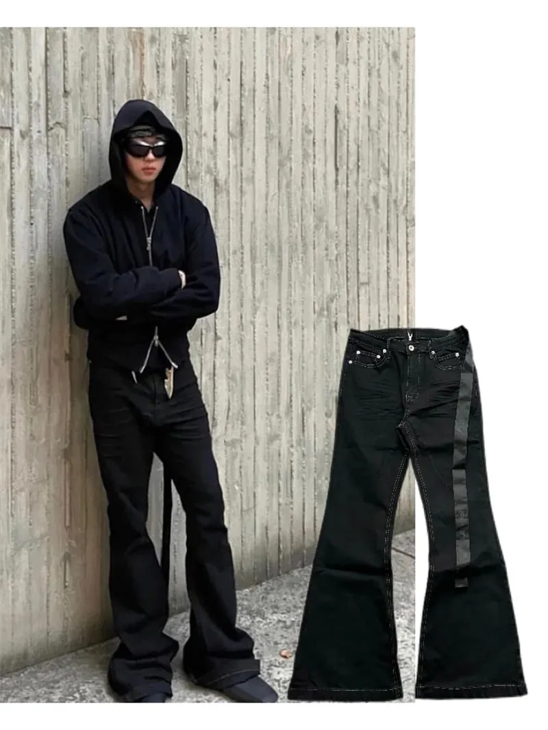 High Street RO 風格牛仔長褲男款 24SS 基本款彈性黑色絲帶寬鬆喇叭街頭休閒牛仔褲男裝