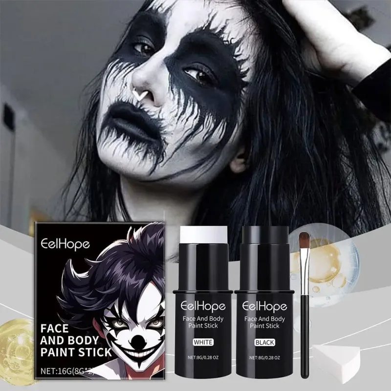 Kit de pintura corporal facial preta e branca, base de longa duração, à prova d'água, esqueleto de halloween, cosplay, ferramenta de maquiagem corporal 2026