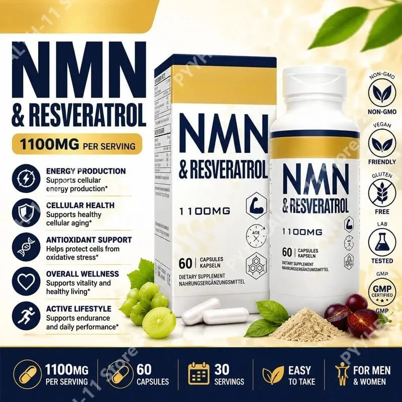 NMN & Resveratrol Cápsulas Suplemento Complexo Antioxidante com Extrato de Pimenta Preta 1100mg 60 Cápsulas — image 1