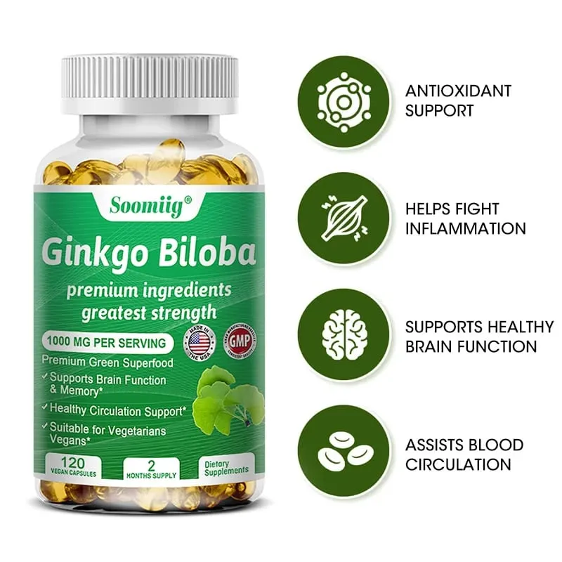 Cápsulas de Ginko Biloba - Suplemento cerebral para memória e foco - Suplementos de Ginkgo Biloba para uma boa visão