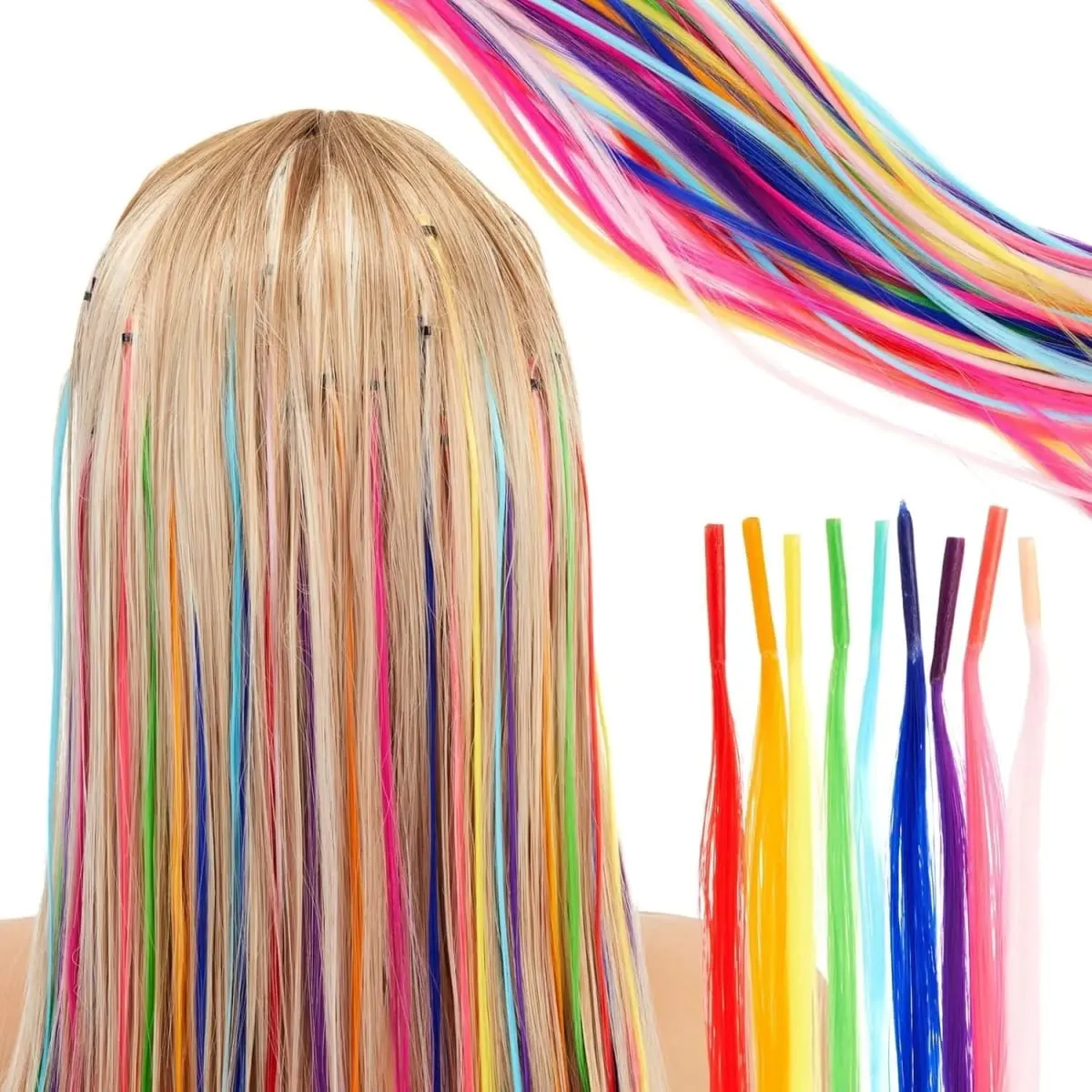 Kit de extensões de cabelo sintético arco-íris de 20 polegadas, 10 peças, extensões i-tip coloridas com micro contas, agulha de gancho para mulheres, crianças, cosplay