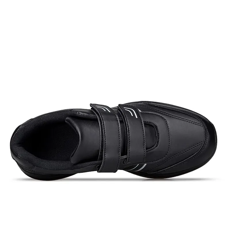 Tênis masculino ajustável de couro com gancho e laço, preto puro, sapatos esportivos casuais, tamanho grande 47 48, sapatos para caminhada para idosos