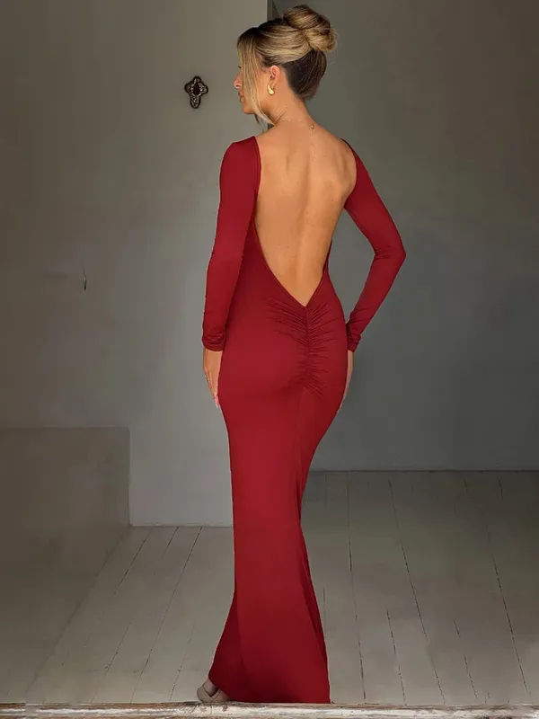 Hugcitar primavera elegante manga longa sem costas sólido cuched sexy bodycon maxi vestido de baile roupa feminina festa à noite festival y2k