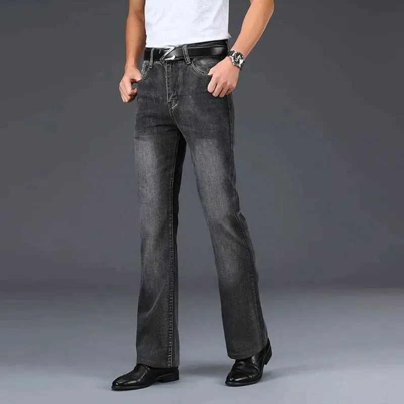 Denim queimado calças de brim dos homens boot corte denim calças confortáveis ​​ligeiramente magro clássico solto casual azul preto para masculino bootcut