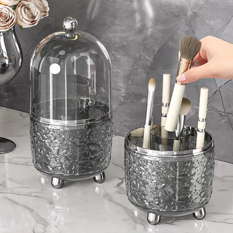 Suporte giratório para pincéis de maquiagem 360 °, organizador cosmético de mesa portátil, à prova de poeira com capa, batom, perfume, organizador de desordem