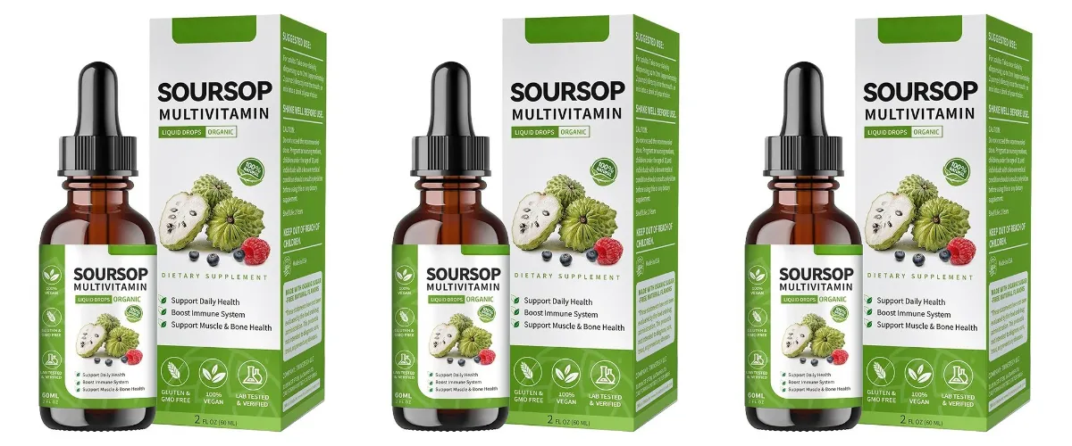 Suplemento à base de plantas de extrato de ervas em gotas líquidas de graviola com mistura de frutas e folhas de graviola, fórmula diária de bem-estar vegano
