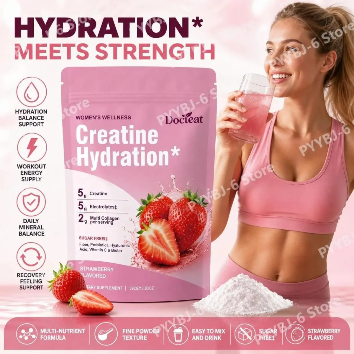 Docteat creatina em pó eletrólitos colágeno vitamina c biotina açúcar livre sabor morango feminino fitness bem-estar 30 porções — image 2