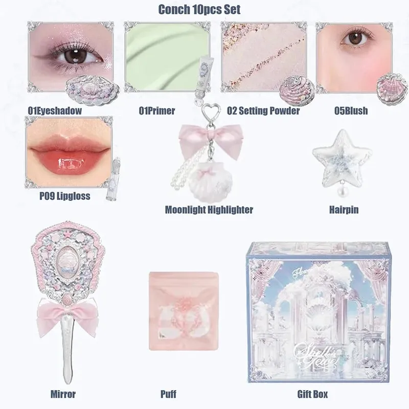 Conjunto completo de maquiagem flor sabe, conjunto completo de cosméticos com conchas de pérola, brilho labial, blush para bochecha, iluminador, caixa de presente, kit de maquiagem