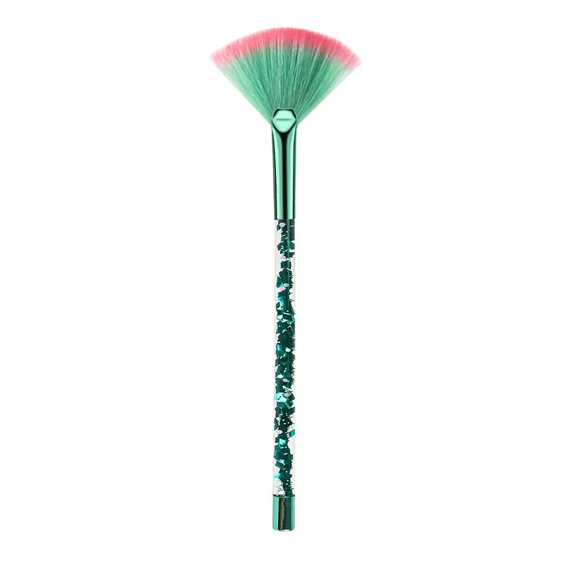 Pincel de maquiagem leque com glitter, 5 peças, cabo transparente, cerdas macias, iluminador, pó, blush, rosto, ferramenta de beleza cosmética