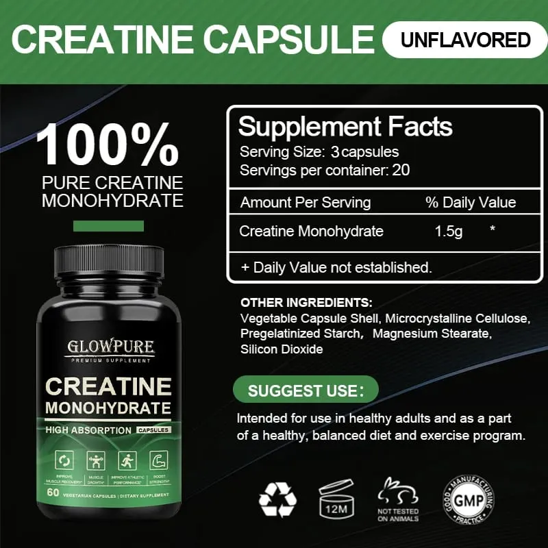 Creatine Monohydrate Capsules for Muscle Endurance Workout Recovery Mass Gainer Strength Performance Nutritional Supplement