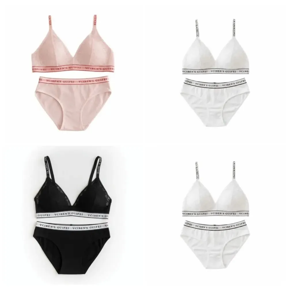 Comfortable Letter Design Lingerie Set Deep V Wireless Women Underwear Suit Color Blocking Lace Bra Panties Set Gift
