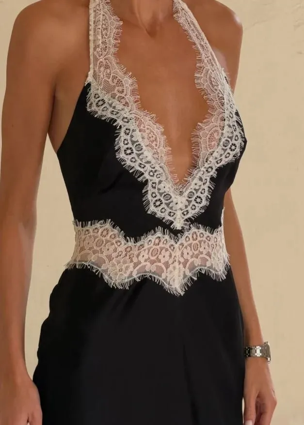 Preto renda retalhos halter pescoço maxi vestidos com decote em v sem mangas sem costas cintura alta vestido longo 2026 elegante festa clube outfits