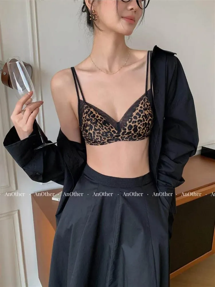 流行豹紋胸罩套裝無鋼圈軟墊小胸提拉法式簡約女士日常內衣 32A-38BC