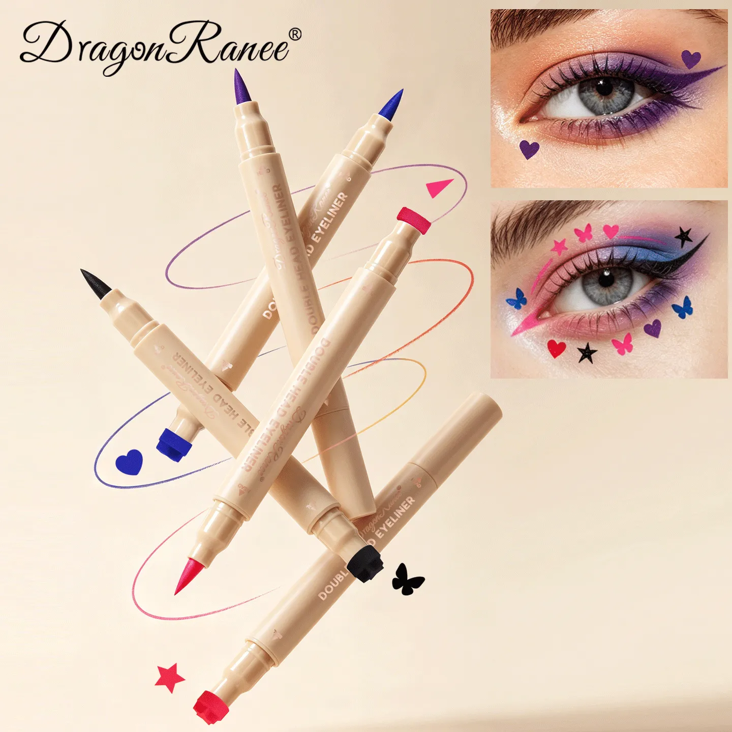 Delineador líquido com carimbo de cabeça dupla, à prova de manchas, secagem rápida, à prova d'água, 2 em 1, colorido, amor, estrela, borboleta, linha de olhos, maquiagem