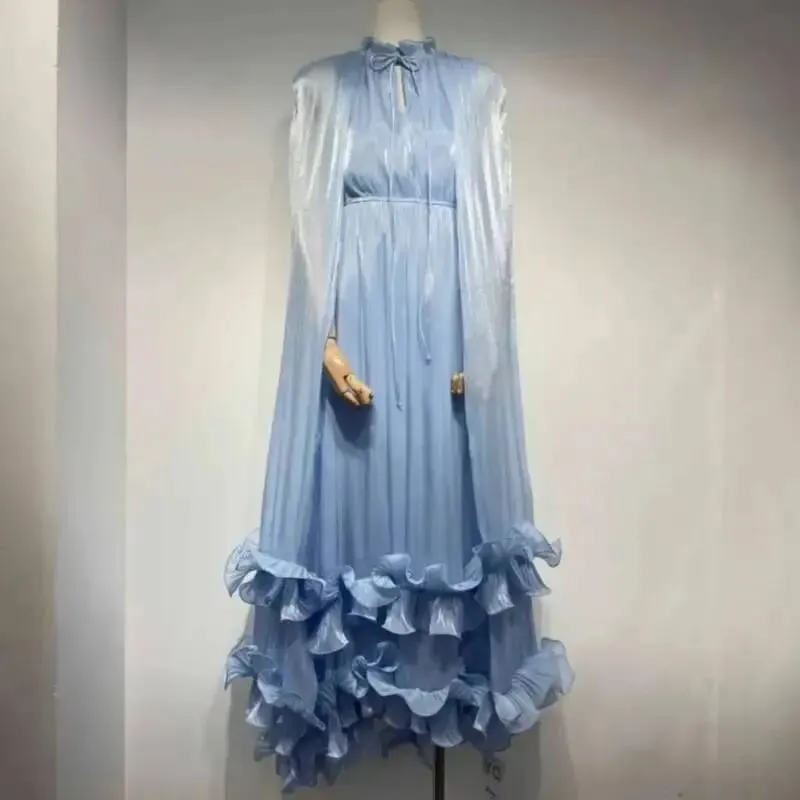 Commuting Style V-neck Cape Style Black Fungus Edge Double-layer Hem Dresses For Women 2026 Autumn New