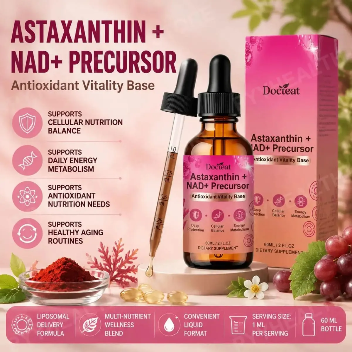 Docteat 蝦紅素+ NAD+ 前驅液可支持細胞營養和能量代謝抗氧化活力基礎 60 毫升